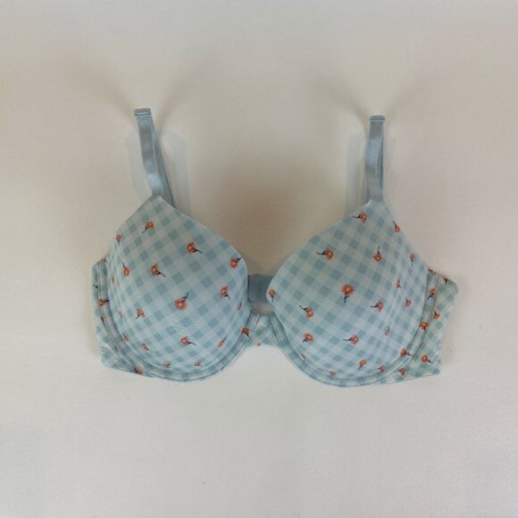 NWOT Victoria's Secret Bra 36D Lined Demi Blue Checked Floral B1776 - Picture 1 of 5